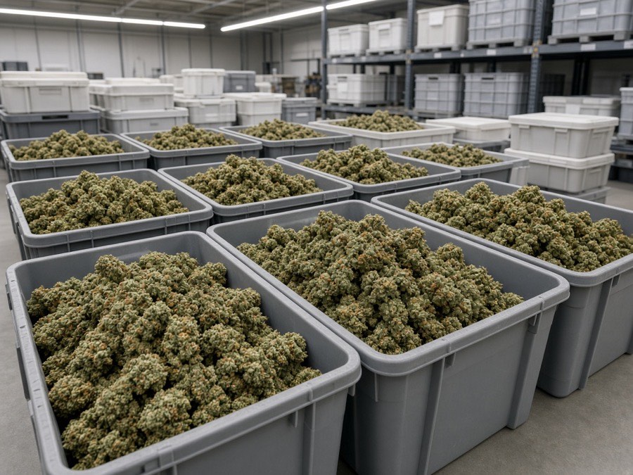 Bulk finished flower inventory in commercial containers