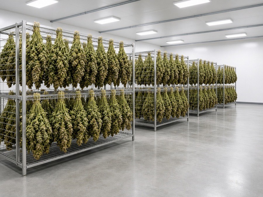 Flower hanging to dry in a commercial cultivation facility