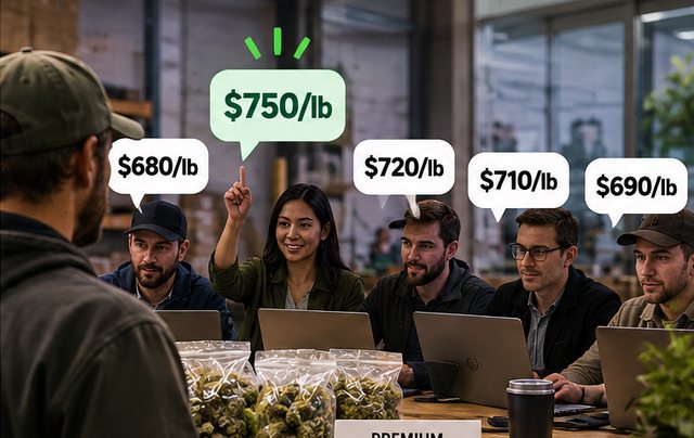 Multiple licensed buyers competing with offers from $680 to $750 per pound for the same 50-pound lot