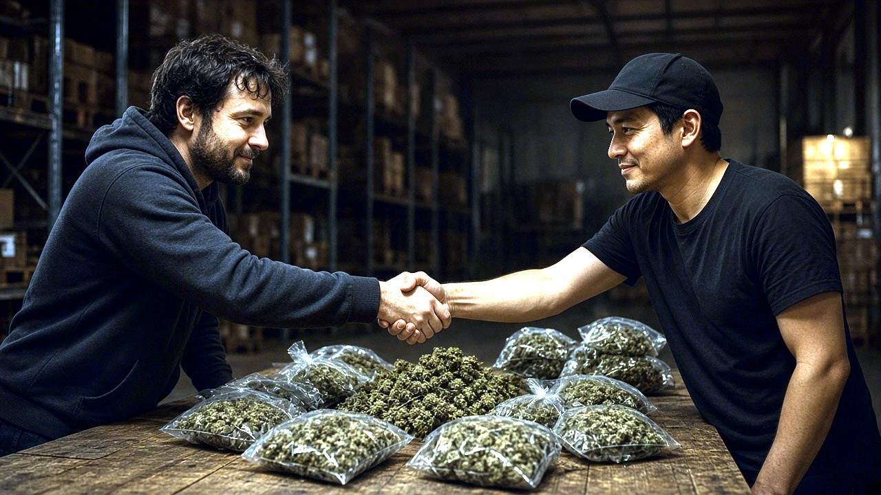 Wholesale operators shaking hands over bags of cannabis flower