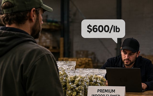 A seller facing a single buyer offering $600 per pound for 50 pounds of premium indoor flower