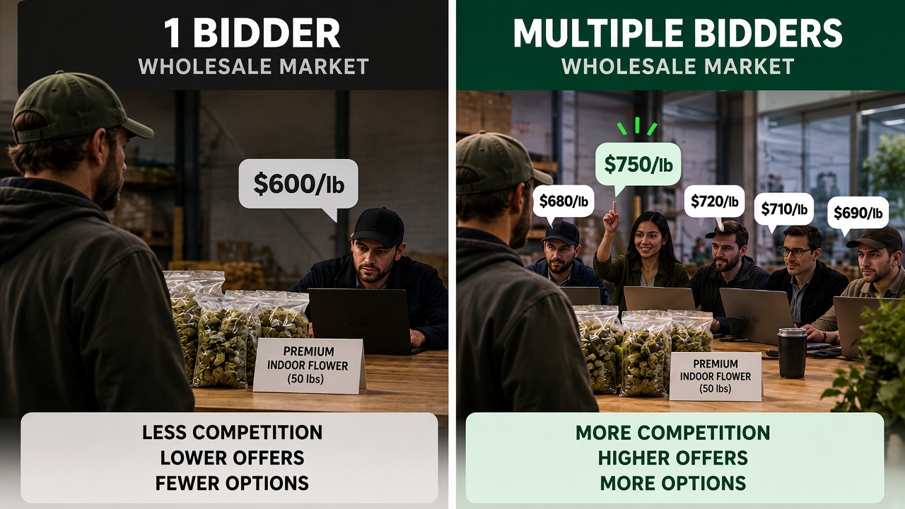 One bidder offering $600 a pound versus multiple licensed buyers competing at higher prices